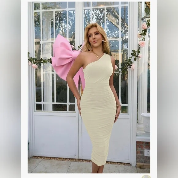 LAGSHIAN Bodycon One Shoulder Sleeveless Ruched Midi Dress #1022 NWOT - Picture 7 of 13